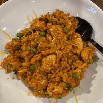 Portuguese Chicken and Rice in a bowl.